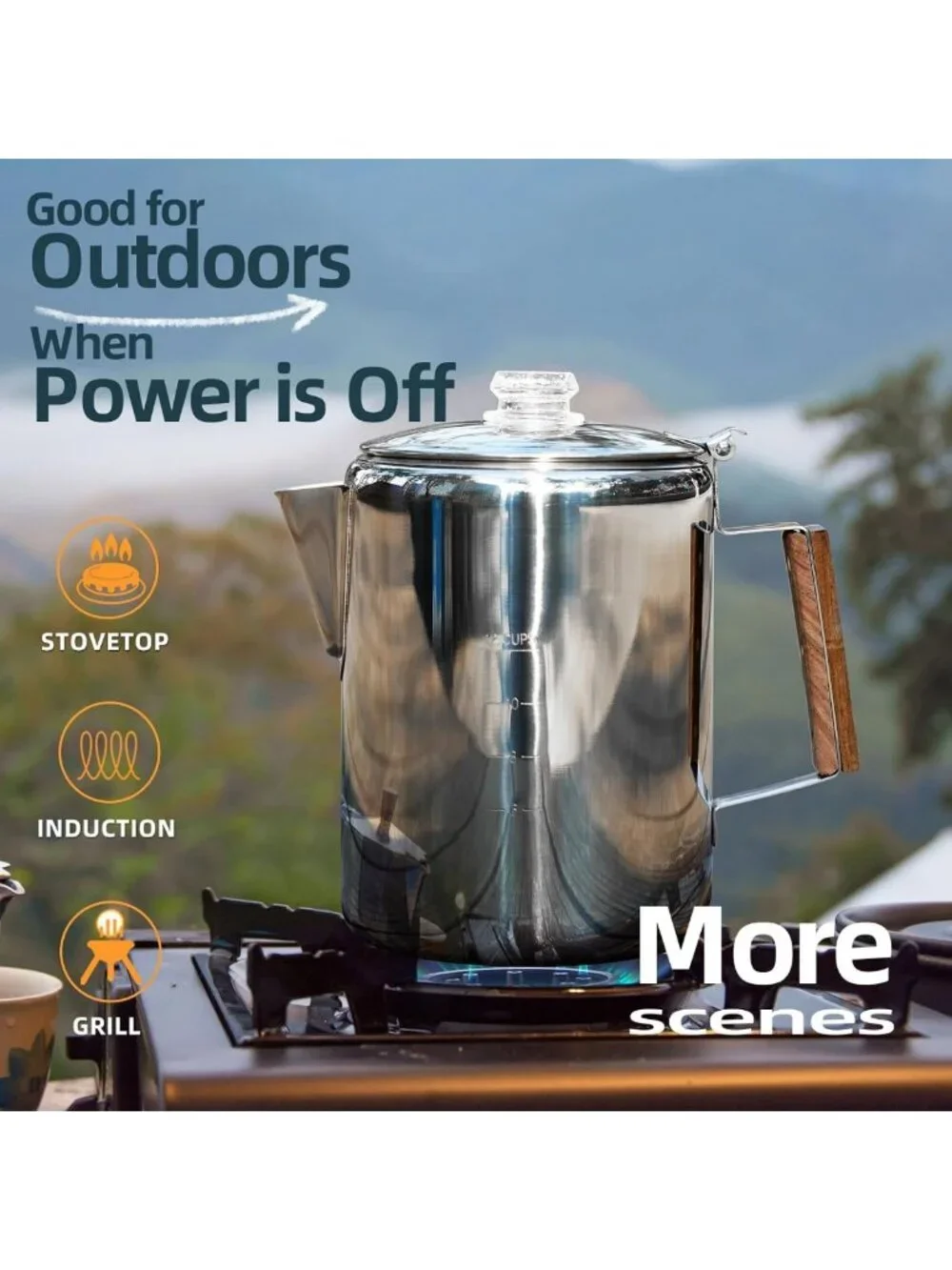 12-Cup Stainless Steel Camping Coffee Percolator - Non-Electric, Fast Brew